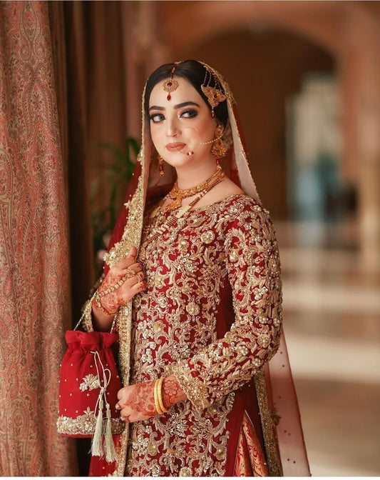 Atlas Kimkhwab Lehenga – Exquisite Bridal Dress for Barat