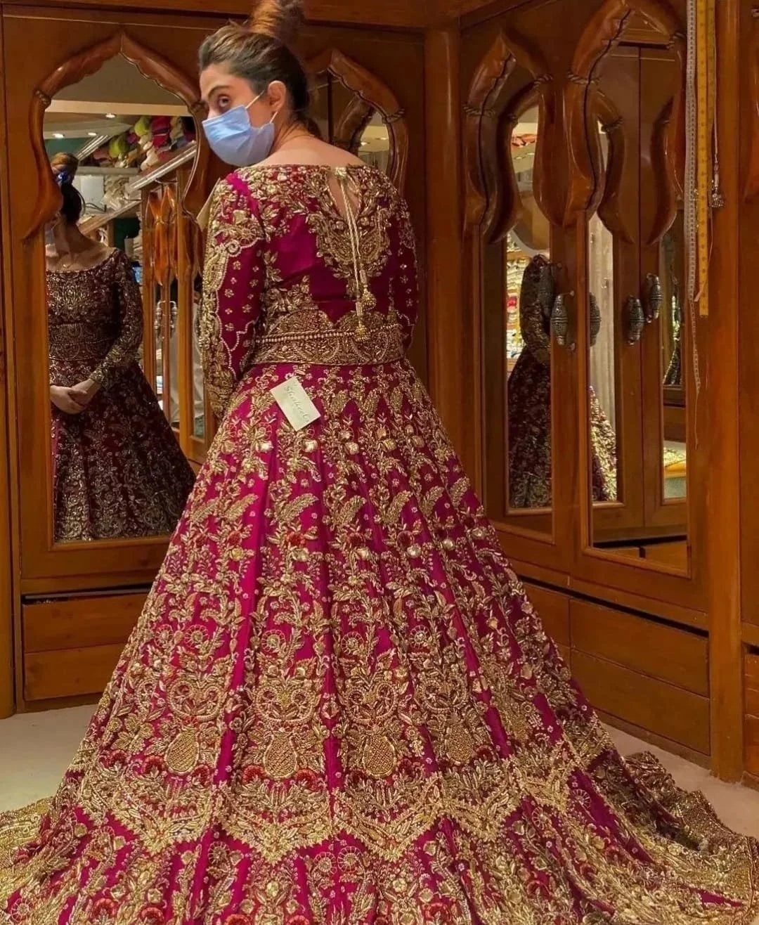 Beautiful Long Tail Bridal Dress in Red : Grand Gold Embroidered Gown