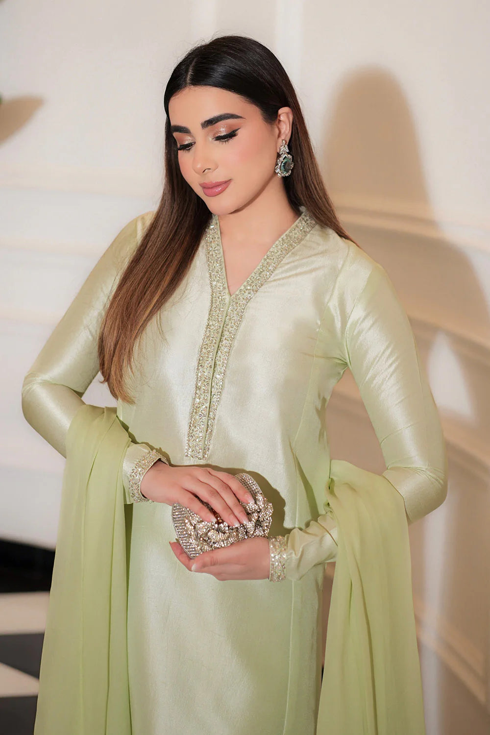 Designer Mint Green Tissue Silk Formal Ensemble