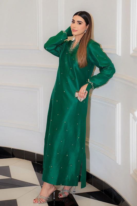 Luxury Bottle Green Tissue Silk A-Line Shirt with Cigarette Pants