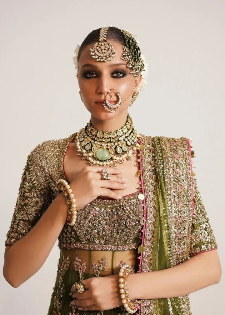 Green Net Peshwaz with Pink Sequins