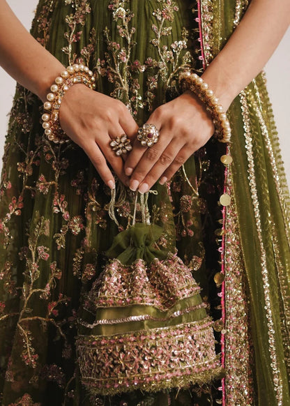 Green Net Peshwaz with Pink Sequins