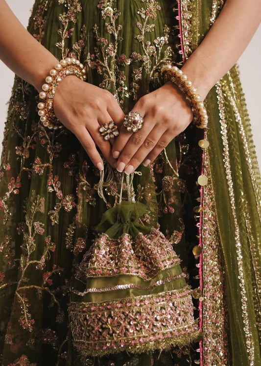 Green Net Peshwaz with Pink Sequins