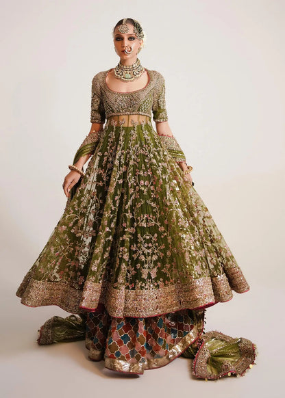 Green Net Peshwaz with Pink Sequins