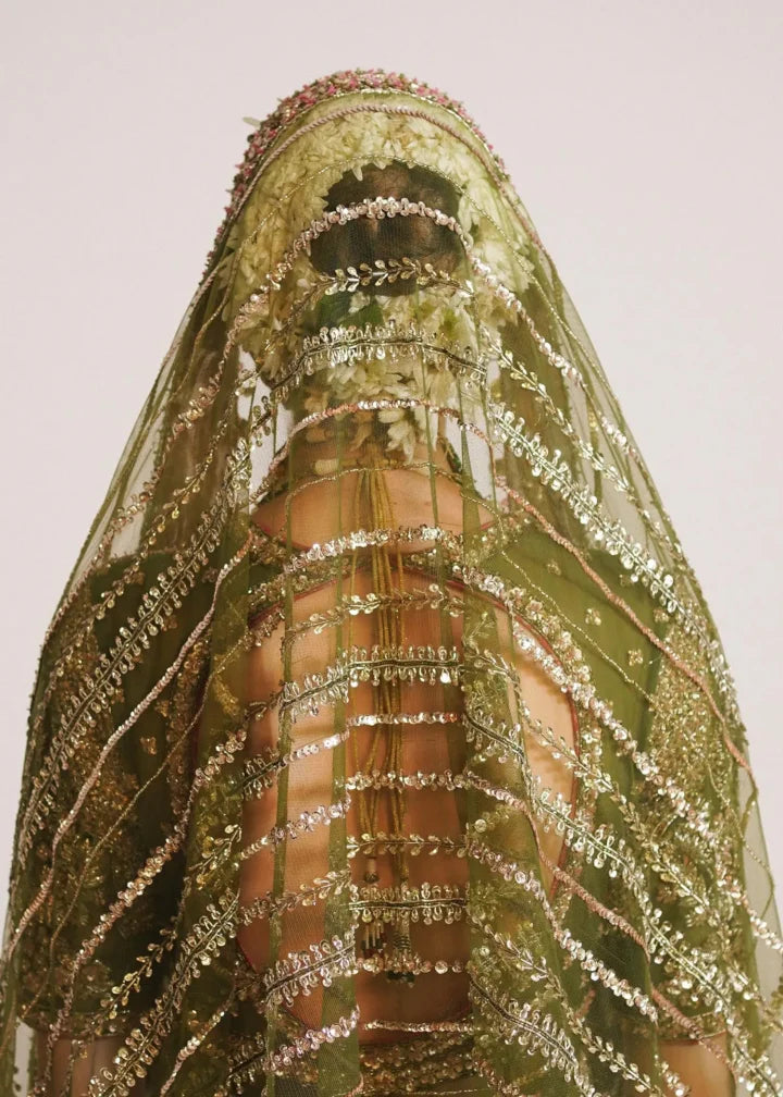 Green Net Peshwaz with Pink Sequins