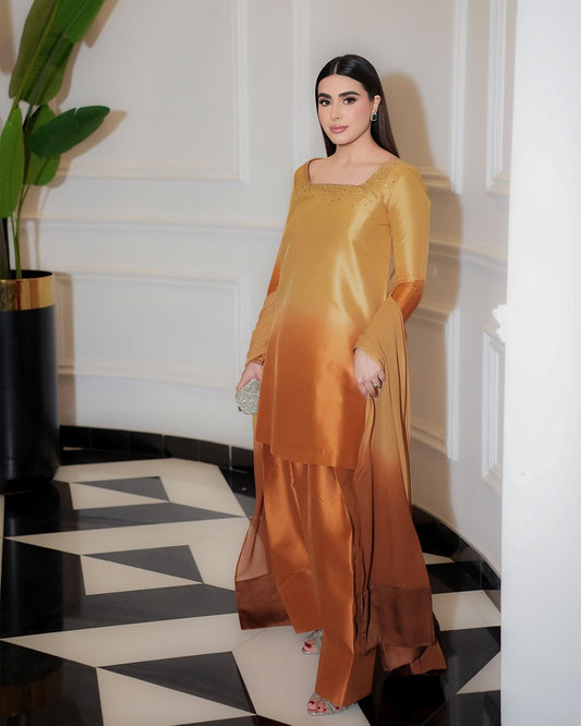 Silk Solids Tangerine Raw Silk Short Shirt with Farshi Shalwar