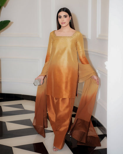 Silk Solids Tangerine Raw Silk Short Shirt with Farshi Shalwar