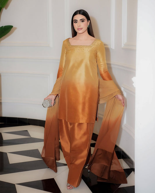 Silk Solids Tangerine Raw Silk Short Shirt with Farshi Shalwar