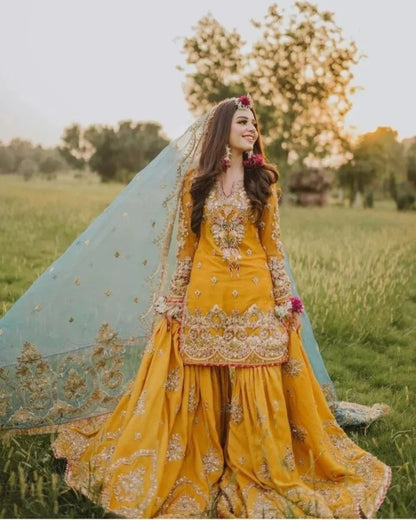 Handcrafted Mustard Yellow Gharara Dress on Pure Raw Silk