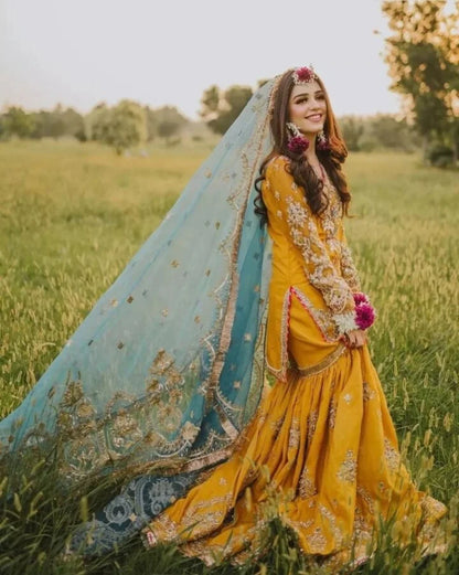 Handcrafted Mustard Yellow Gharara Dress on Pure Raw Silk