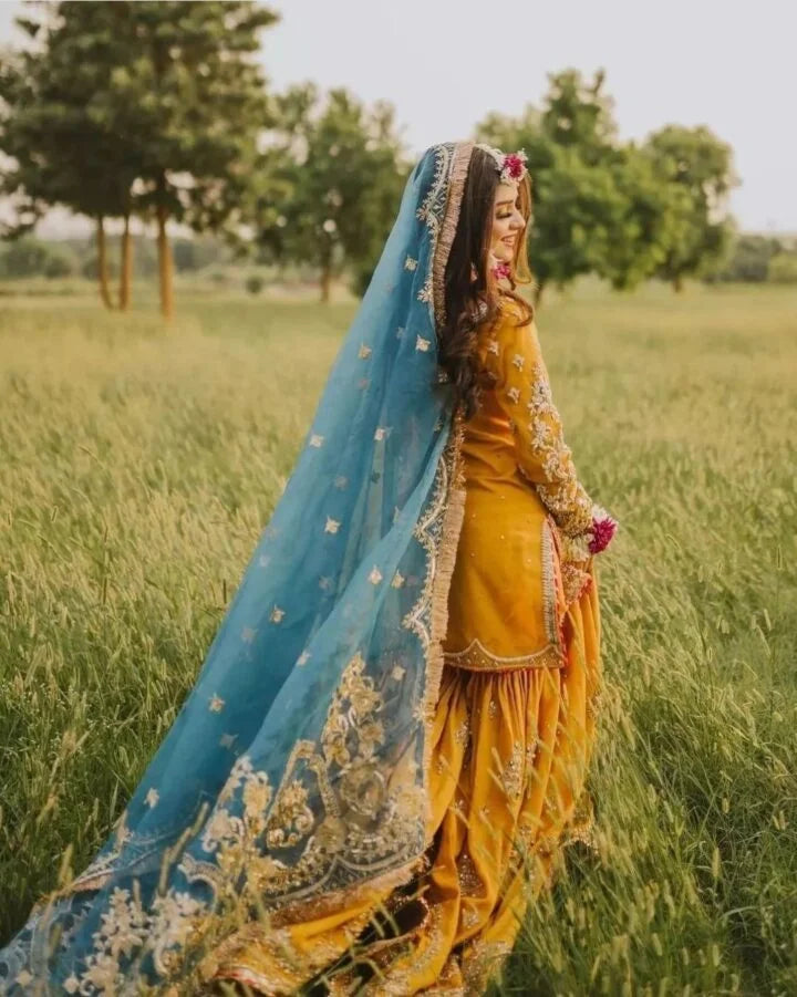 Handcrafted Mustard Yellow Gharara Dress on Pure Raw Silk