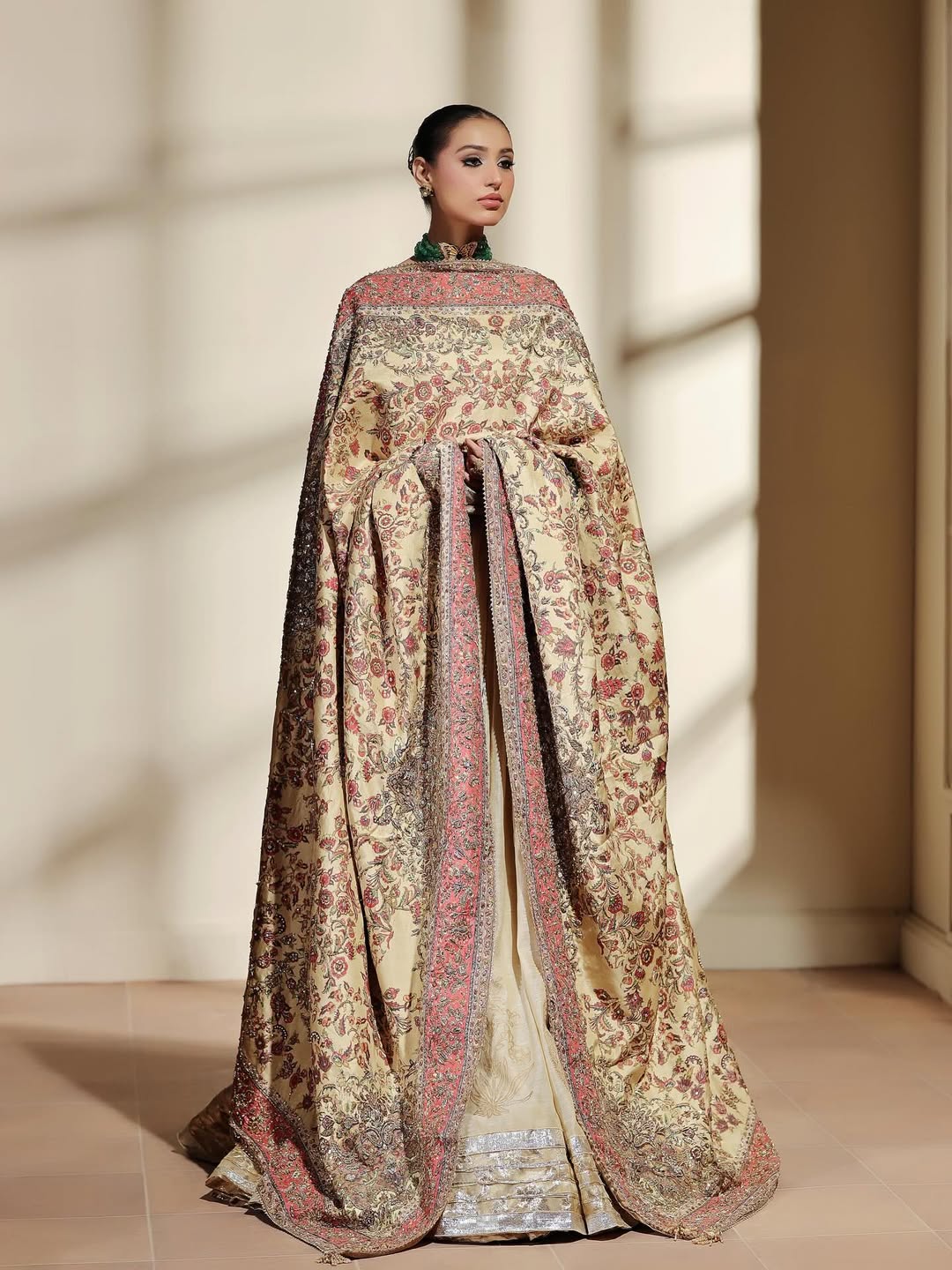 Royal Symphony Biscuit Pure Silk Shawl with 100 Kalidar Pishwas