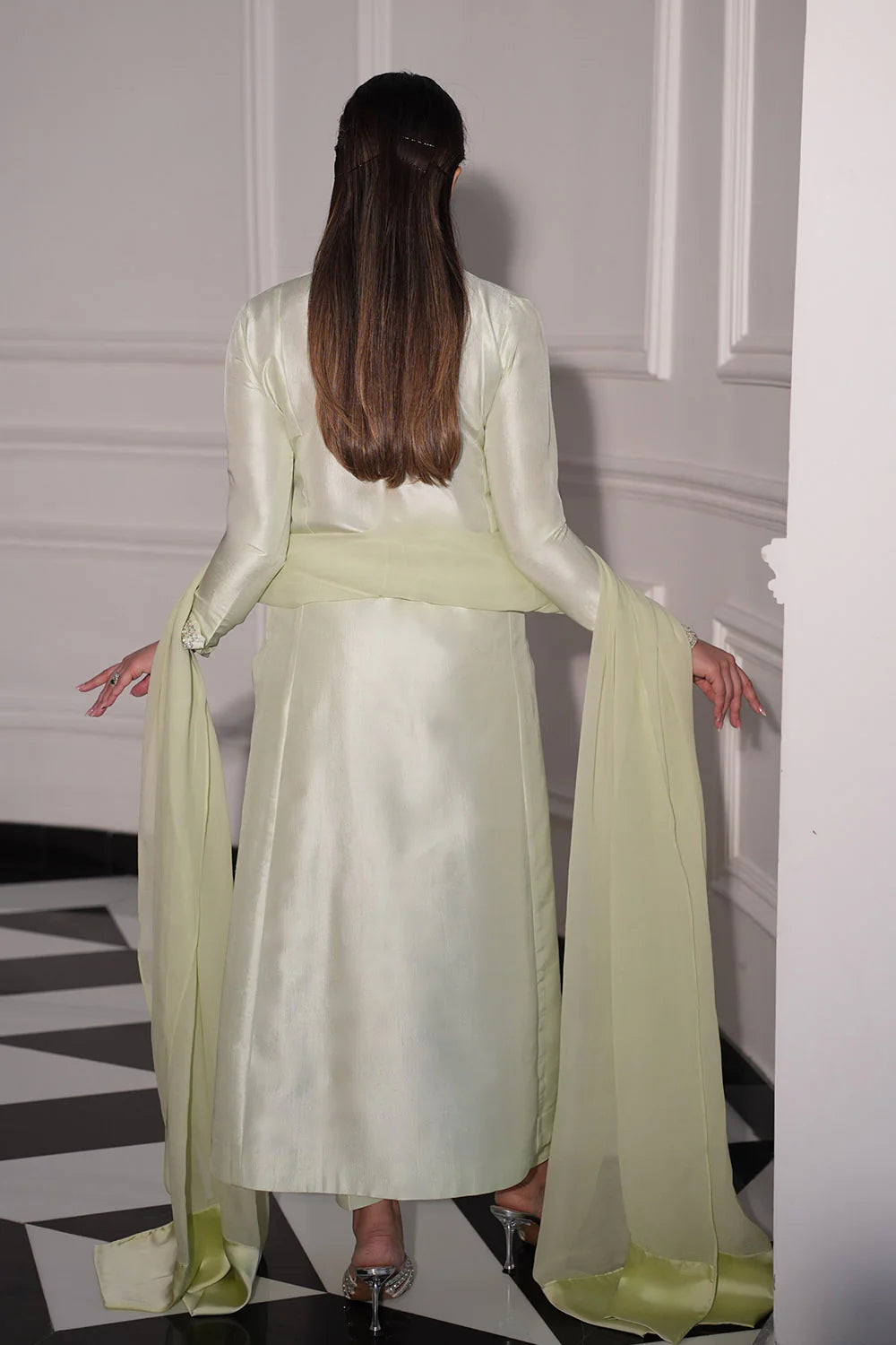 Designer Mint Green Tissue Silk Formal Ensemble