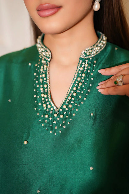 Luxury Bottle Green Tissue Silk A-Line Shirt with Cigarette Pants