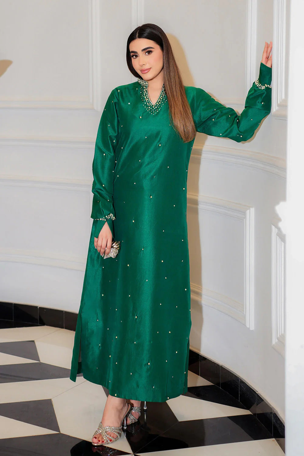 Luxury Bottle Green Tissue Silk A-Line Shirt with Cigarette Pants